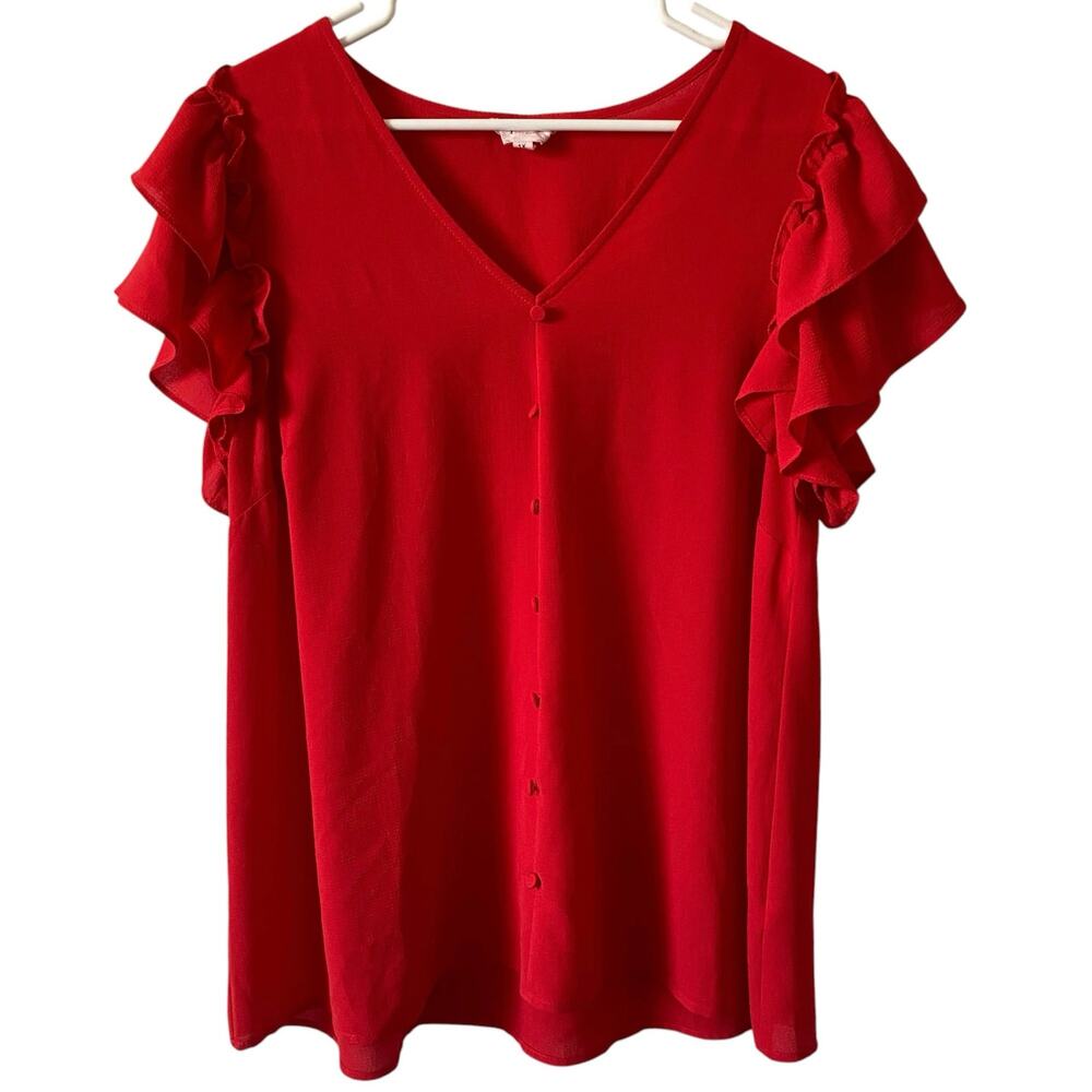 PERCH BY BLU PEPPER Red Ruffle Sleeve Blouse Size 1X V Neck Preppy Chic